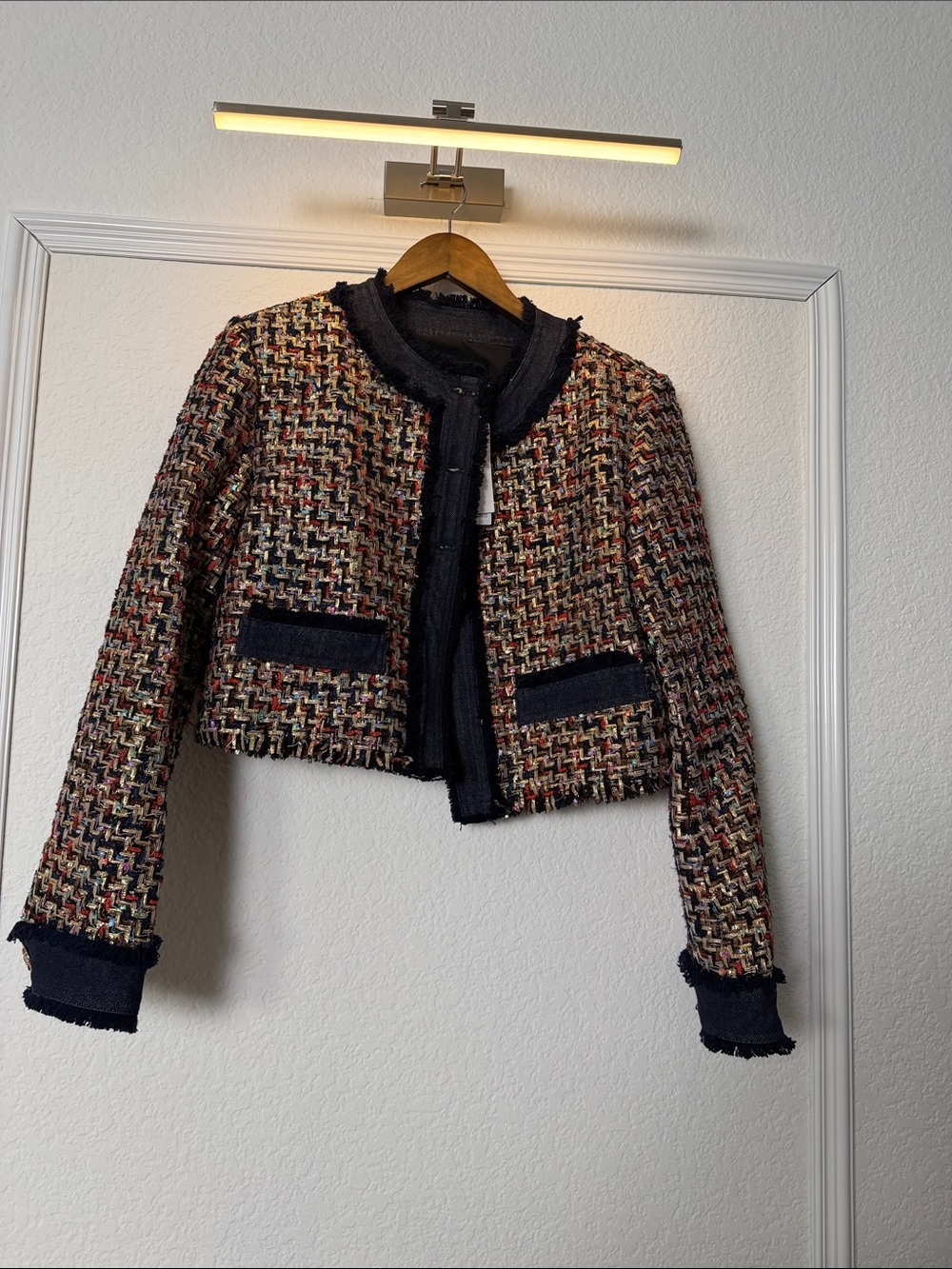 Cropped Multicolor Tweed Blazer with Navy Trim